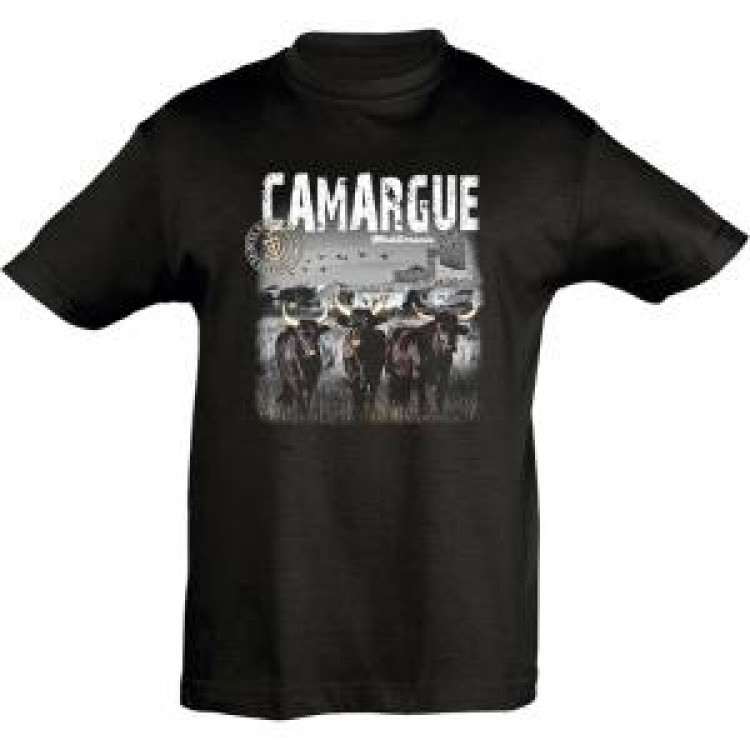 T-shirt enfant Camargue Vue du Clocher de Stes Maries Trosi Taureaux M&eacute;diterran&eacute;e les Saintes Maries de la Mer Denim 2 ans