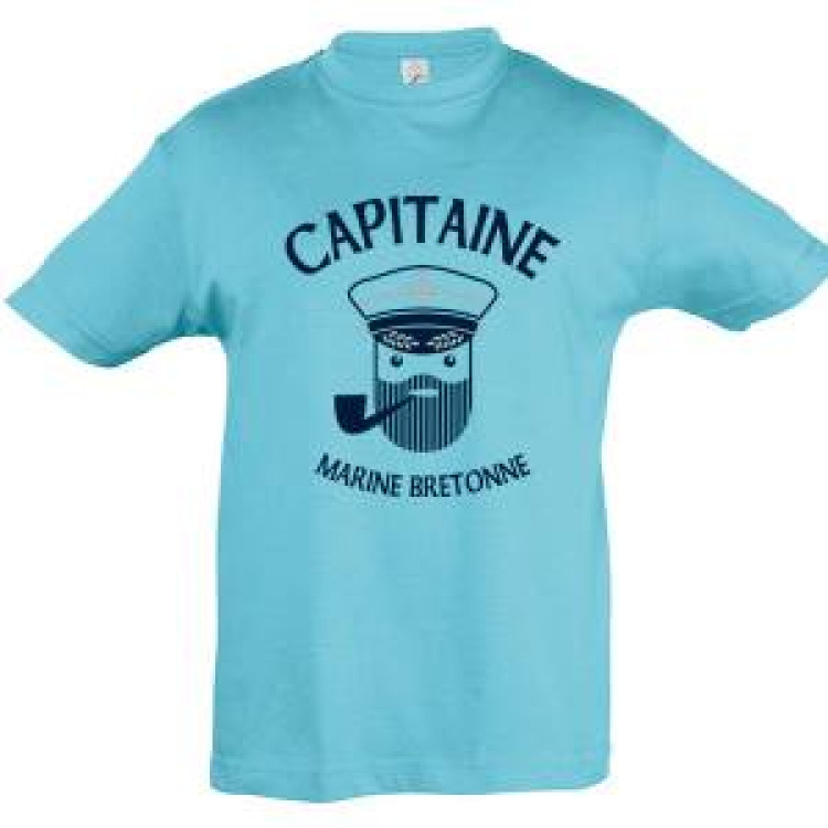 T-shirt enfant Capitaine Marine Bretonne + transfert M&eacute;tallique Ancre Bleu Atoll 2 ans