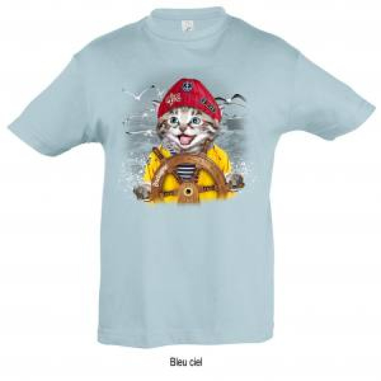 T-shirt enfant Chat Bonnet Rouge Barre Bretagne + transferts Patch Star et I Love Bleu Ciel 2 ans