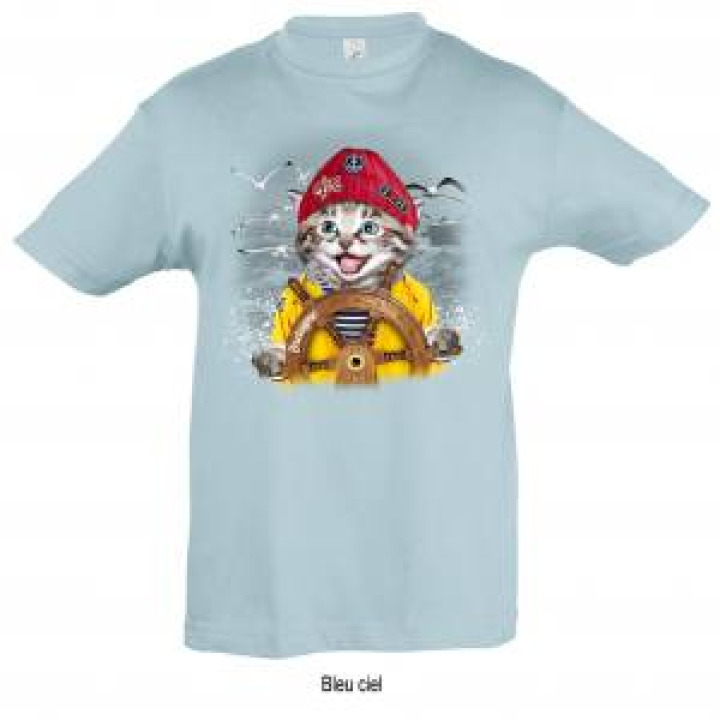 Tshirt enfant Chat Bonnet Rouge Barre Bretagne  transferts Patch Star et I Love Bleu Ciel 4 ans