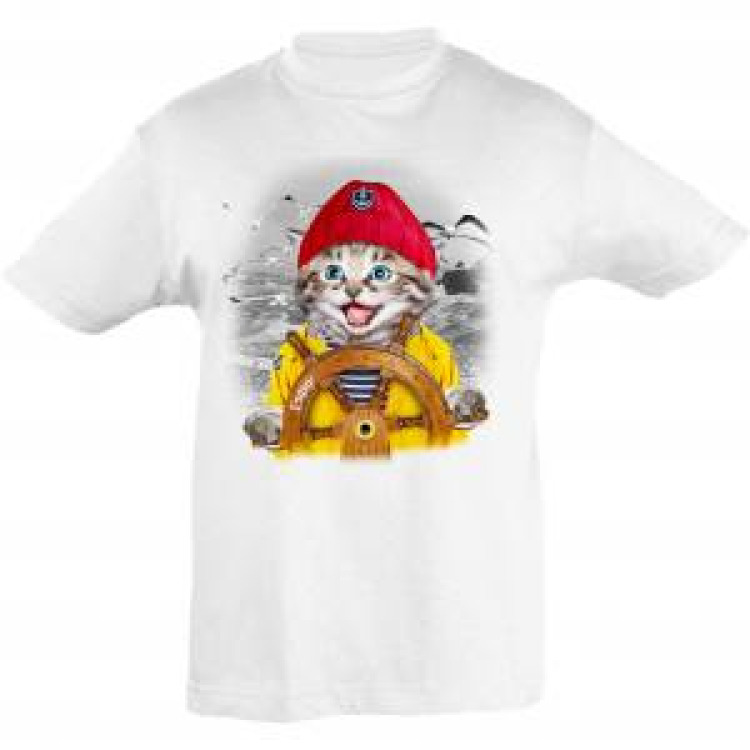 T-shirt enfant Chat Bonnet Rouge Barre Erquy + transferts Patch Star et I Love Blanc 4 ans