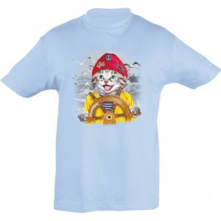 Tshirt enfant Chat Bonnet Rouge Barre Hendaye  transferts Patch Star et I Love Bleu Ciel 2 ans