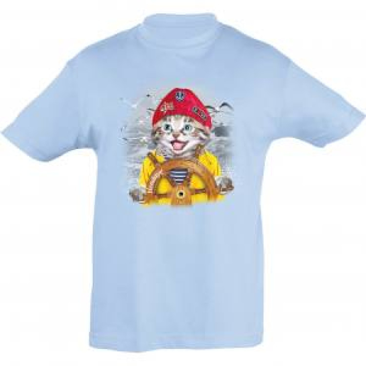T-shirt enfant Chat Bonnet Rouge Barre Hendaye + transferts Patch Star et I Love Bleu Ciel 10 ans