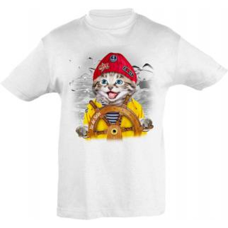T-shirt enfant Chat Bonnet Rouge Barre &Icirc;le de Sein + transferts Patch Star et I Love Blanc 10 ans