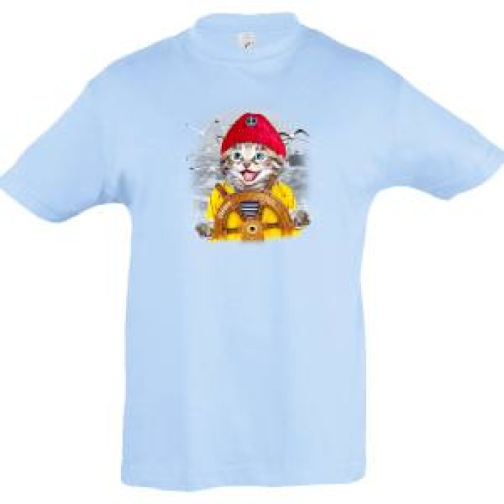 Tshirt enfant Chat Bonnet Rouge Barre Oléron Bleu Ciel 2 ans