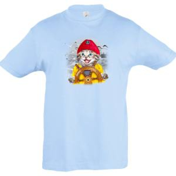 T-shirt enfant Chat Bonnet Rouge Barre Oléron Bleu Ciel 2 ans