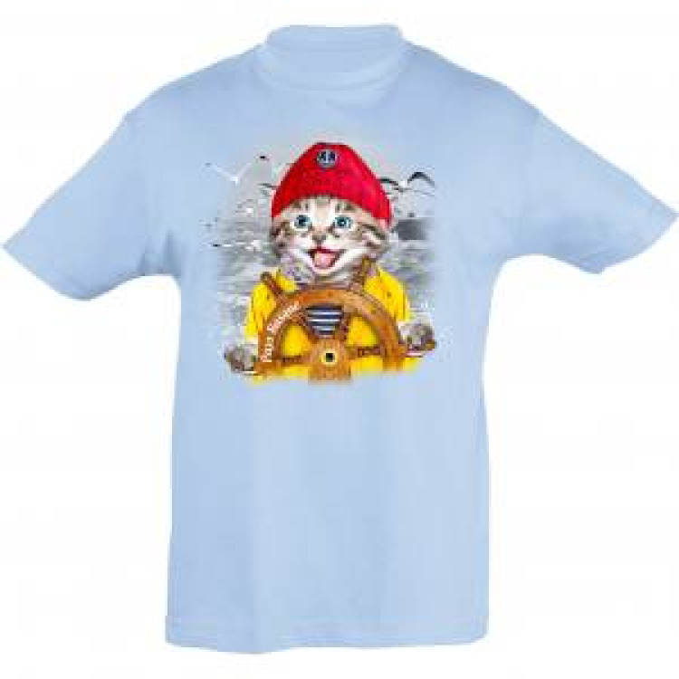T-shirt enfant Chat Bonnet Rouge Barre Pays Basque + transferts Patch Star et I Love Bleu Ciel 4 ans