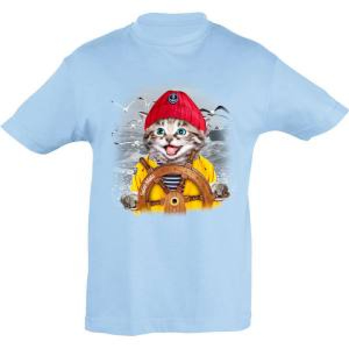 Tshirt enfant Chat Bonnet Rouge Barre Saint Malo  transferts Patch Star et I Love Bleu Ciel 2 ans