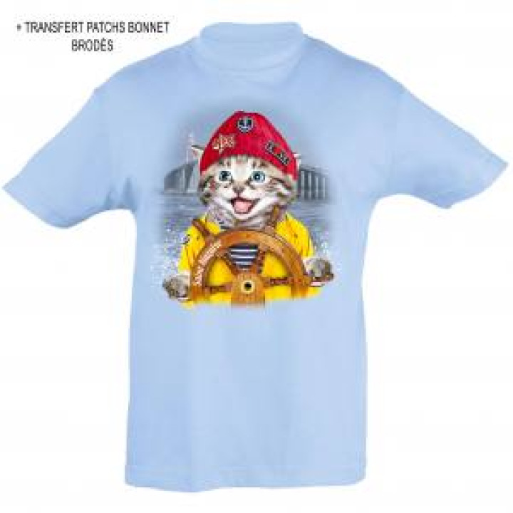 Tshirt enfant Chat Bonnet Rouge Barre Saint Nazaire  transferts Patch Star et I Love Bleu Ciel 2 ans