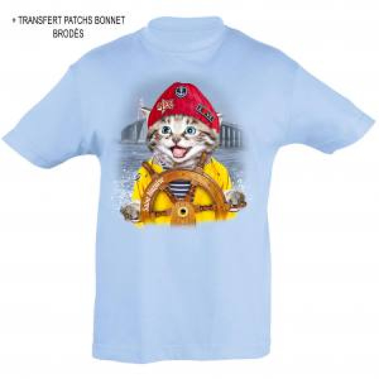 T-shirt enfant Chat Bonnet Rouge Barre Saint Nazaire + transferts Patch Star et I Love Bleu Ciel 2 ans