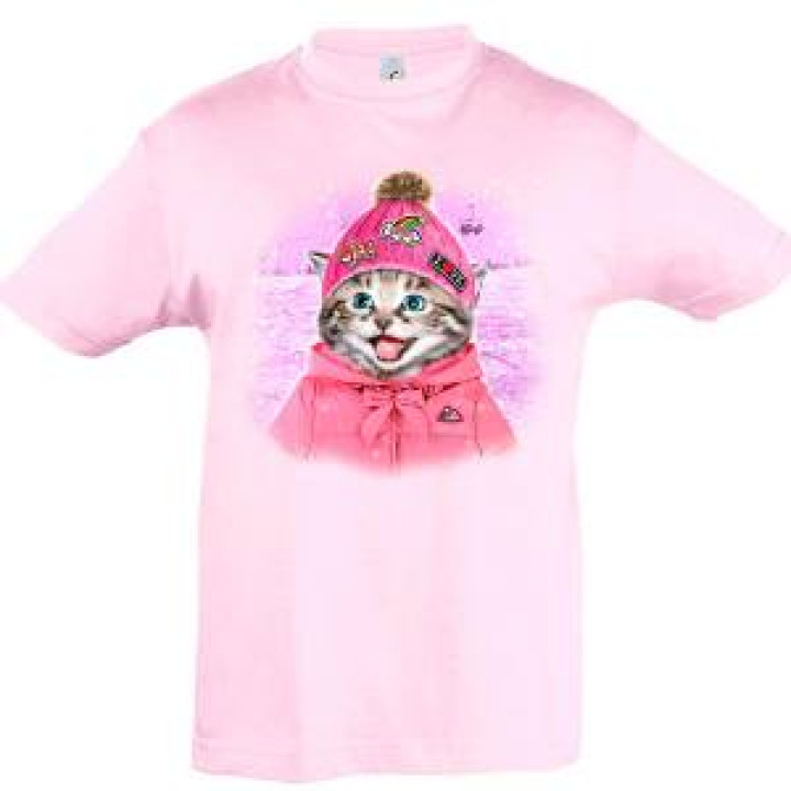 Tshirt enfant Chat Patches Saint Lary  transfert I Love et Star Rose Pale 2 ans