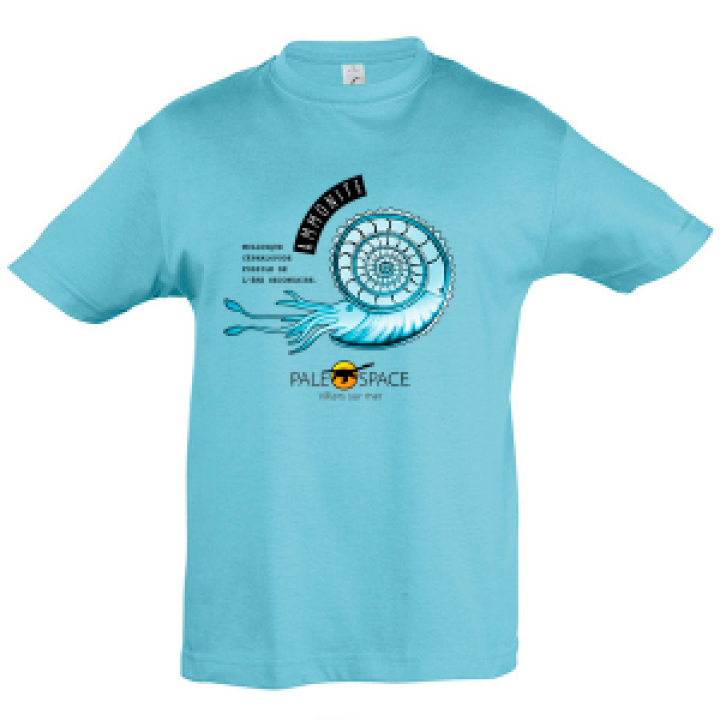Tshirt enfant Fossile Ammonite Paléospace Bleu Atoll 4 ans