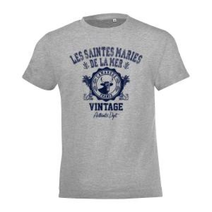 Tshirt enfant Les Saintes Maries de la Mer Vintage Tête de Taureau Camargue Gris Chiné 2 ans