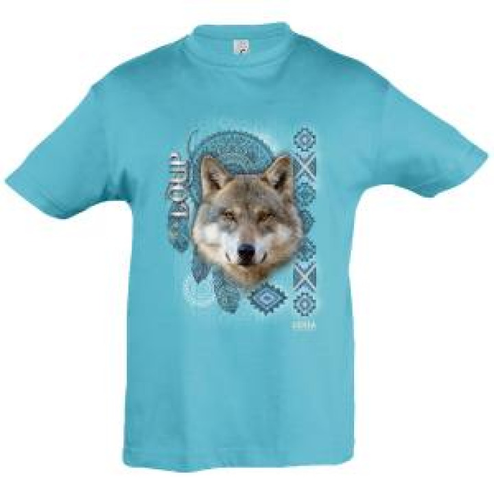 Tshirt enfant Loup Intemporel Cerza  transfert Col Cerza Bleu Atoll 4 ans