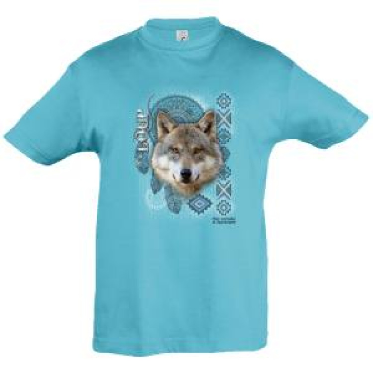 T-shirt enfant Loup Intemporel Parc Animalier d&rsquo;Auvergne + transfert Col Parc Animalier d&rsquo;Auvergne Bleu Atoll 8 ans