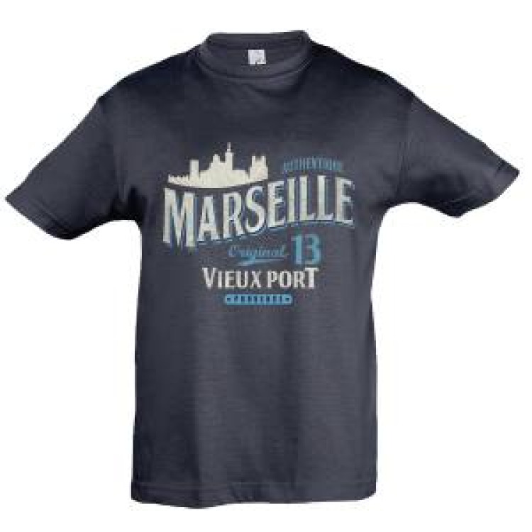T-shirt enfant Marseille (Dessin Marseille) Authentique Original 13 Vieux Port Provence Gris Chin&eacute; 4 ans