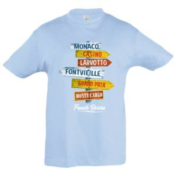 T-shirt enfant Pancarte Monaco/ Casino/ Larvotto/ Fontvieille/ Grand Prix/ Monte Carlo Vert Pomme 2 ans