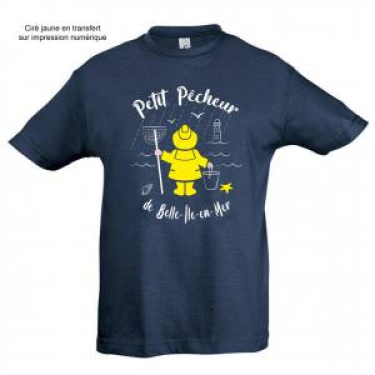 T-shirt enfant Petit P&ecirc;cheur de Belle &Icirc;le en Mer + transfert Applique Cir&eacute; jaune Marine 4 ans
