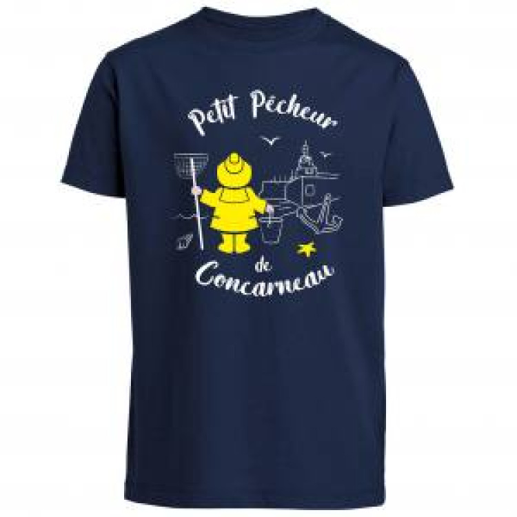 T-shirt enfant Petit P&ecirc;cheur d&rsquo;un Jour Concarneau + transfert Applique Cir&eacute; jaune Marine 10 ans