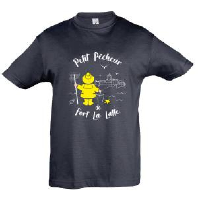 T-shirt enfant Petit P&ecirc;cheur d&rsquo;un Jour de Fort La Latte + transfert Applique Cir&eacute; jaune Marine 2 ans