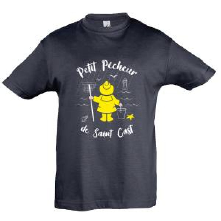 Tshirt enfant Petit Pêcheur dun Jour  transfert Applique Ciré jaune Saint Cast Marine 2 ans