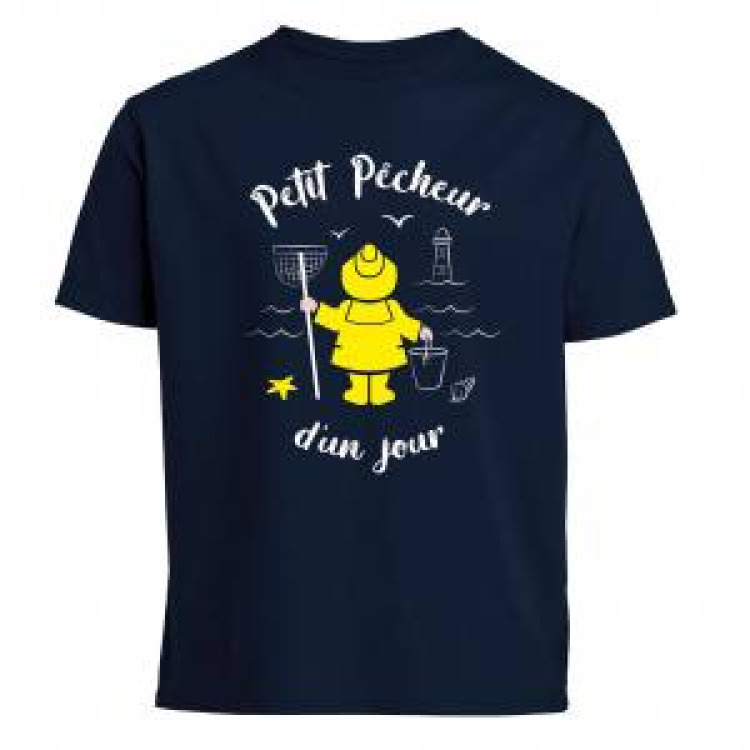 T-shirt enfant Petit P&ecirc;cheur d&rsquo;un Jour + transfert Applique Cir&eacute; jaune Marine 4 ans