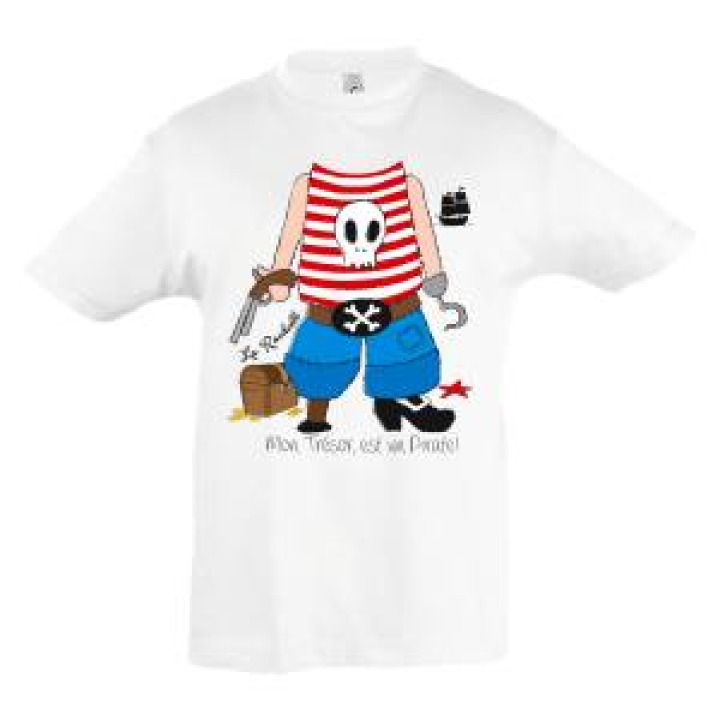 Tshirt enfant Pirate sans Tête Mon Trésor Est un Pirate la Rochelle Blanc 6 ans
