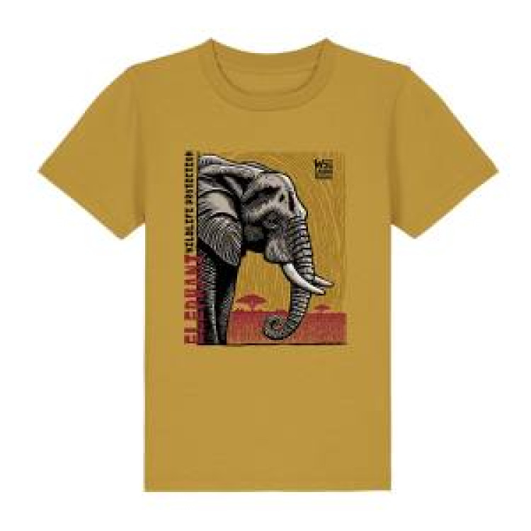 T-shirt enfant premium bio Éléphant Linocut Safari de Peaugres + transfert Col Safari de Peaugres Oc