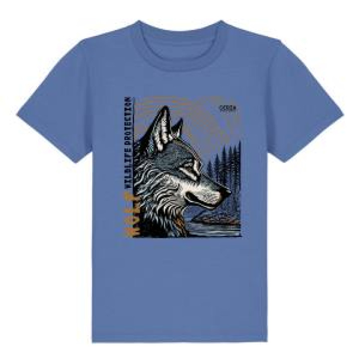 Tshirt enfant premium bio Loup Linocut Cerza  transfert Col Cerza Bright Blue 34 ans