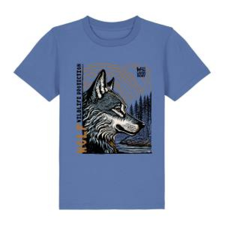 Tshirt enfant premium bio Loup Linocut Zoo de Thoiry Bright Blue 78 ans