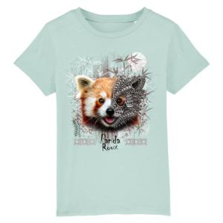 T-shirt enfant premium bio Panda Roux Native Tribes + transfert Col Amn&eacute;ville Caribbean Blue 7/8 ans
