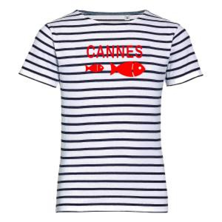 T-shirt enfant rayé Transfert Floc 2 Poissons Cannes blanc/marine 4 ans