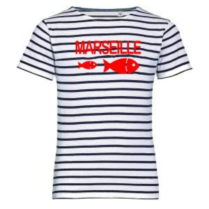 Tshirt enfant rayé Transfert Floc 2 Poissons Marseille blancmarine 6 ans