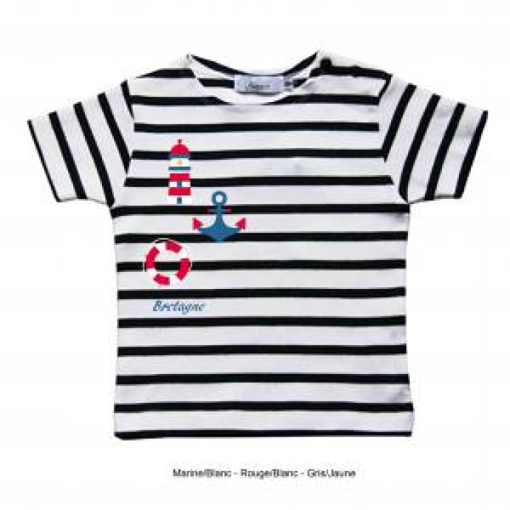 Tshirt enfant rayé Transfert Phare Ancre Boue Bretagne blancmarine 2 ans