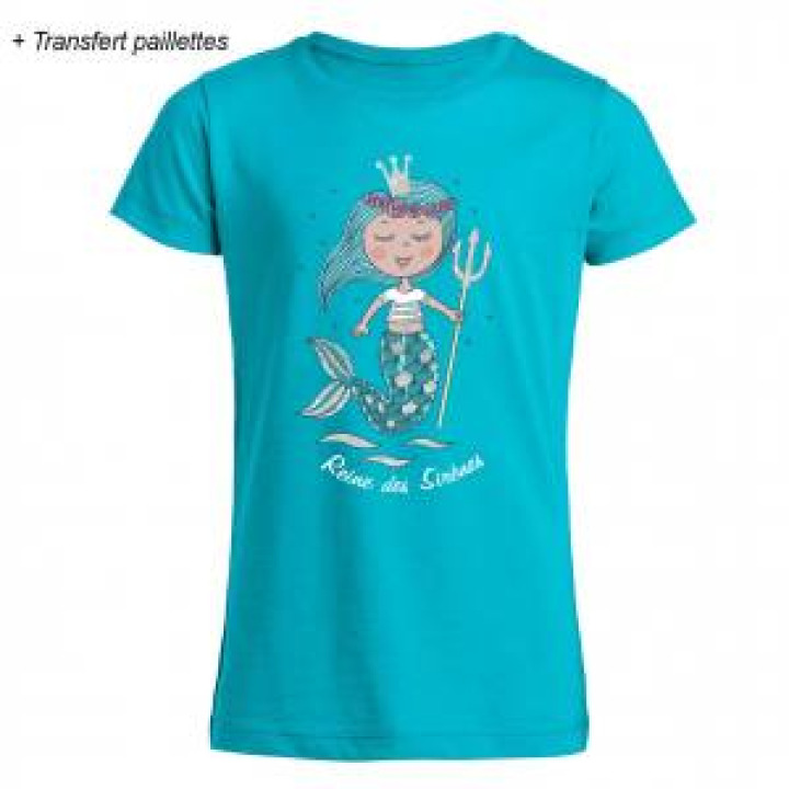 Tshirt enfant Reine des Sirènes  transfert paillettes Sans Nom de ville Bleu Atoll 2 ans