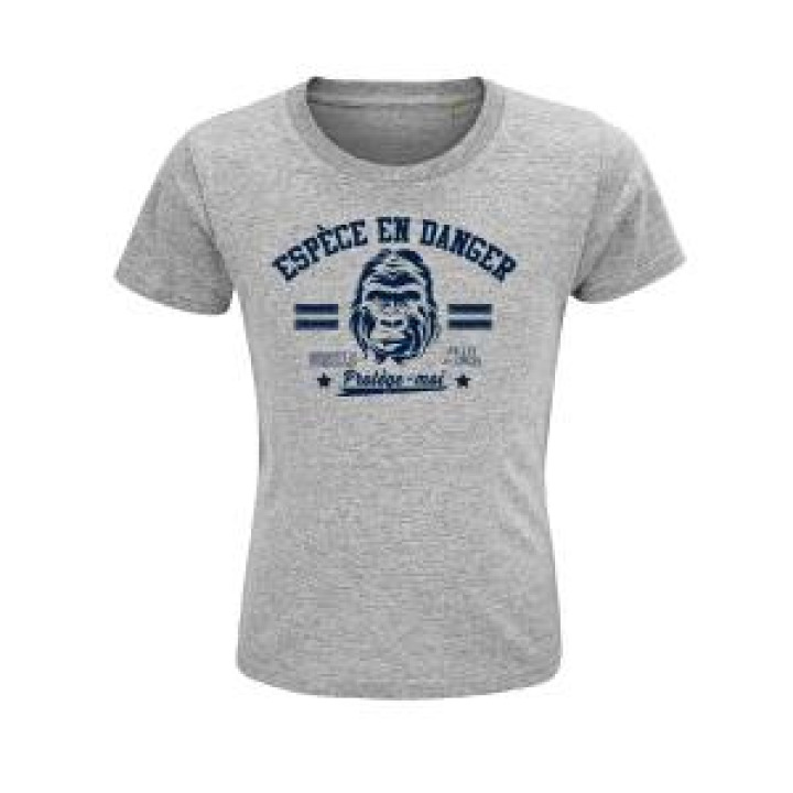 Tshirt enfant Sérigraphie Gorille Espèce en Danger Vallée des Singes Gris Chiné 10 ans