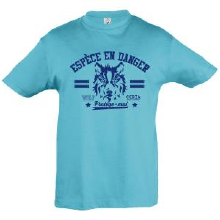 Tshirt enfant Sérigraphie Loup Espèce en Danger Cerza Bleu Atoll 6 ans