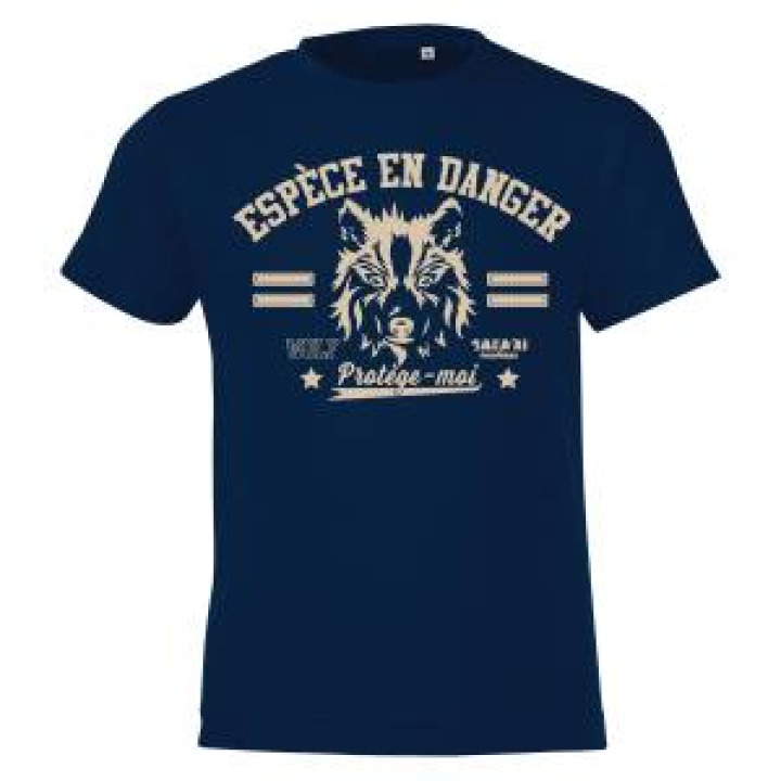 Tshirt enfant Sérigraphie Loup Espèce en Danger Safari de Peaugres  transfert Col Safari de Peaugres French Marine 4 ans