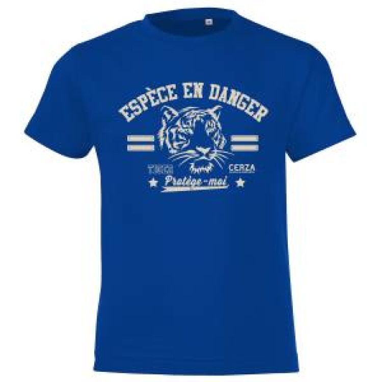 T-shirt enfant S&eacute;rigraphie T&ecirc;te de Tigre Esp&egrave;ce en Danger Cerza Bleu Royal 4 ans