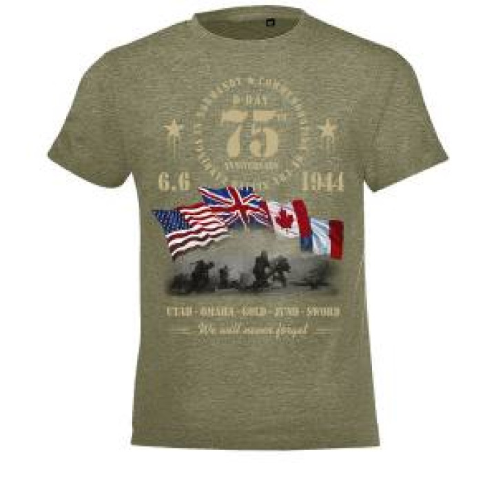 Tshirt enfant Soldats Débarquement Drapeaux 75ème  transfert Col 75ème kaki chiné 4 ans