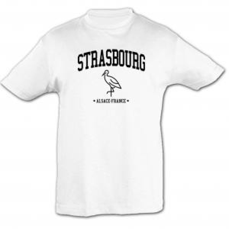 T-shirt enfant Strasbourg Cigogne Alsace France (Sur T-shirt Marine en Rouge/ sur T-shirt Rouge et Denim en Blanc/ sur T-shirt Blanc en Noir) Marine 12 ans