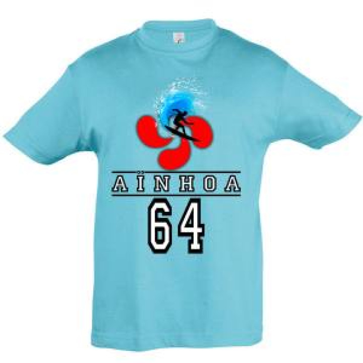 Tshirt enfant Surfeur Croix Basque Aïnhoa 64 Bleu Atoll 4 ans