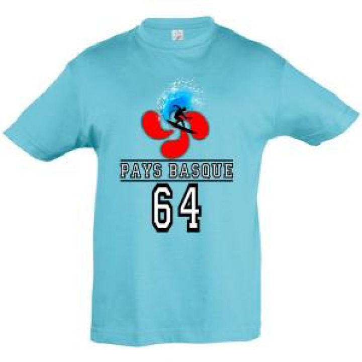 Tshirt enfant Surfeur Croix Basque Pays Basque 64 Bleu Atoll 2 ans