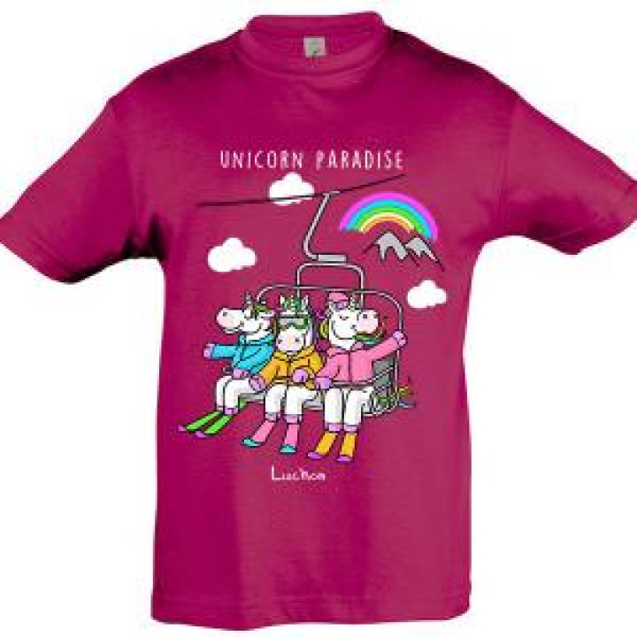 Tshirt enfant Trois Licornes Télésiège  transfert Paillette Luchon Fuschia 4 ans