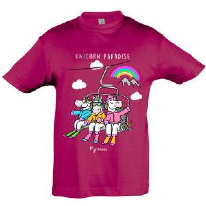 Tshirt enfant Trois Licornes Télésiège  transfert Paillette Pyrénées Fuschia 2 ans