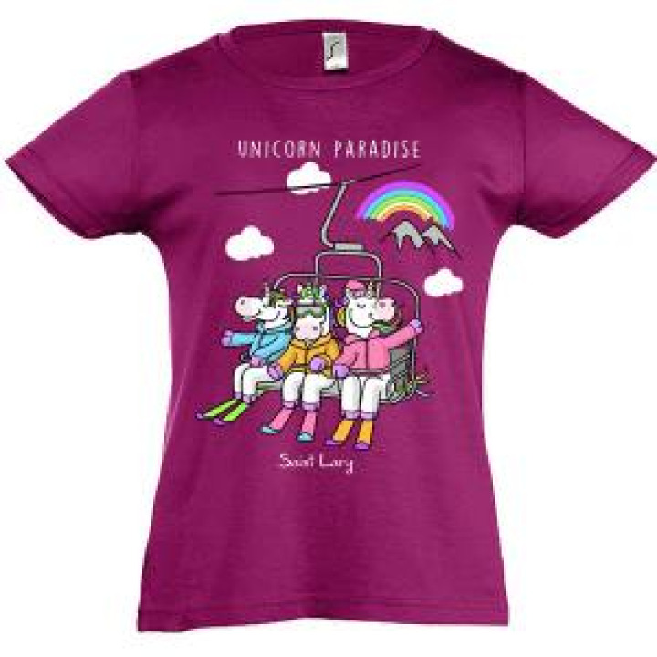 Tshirt enfant Trois Licornes Télésiège  transfert Paillette Saint Lary Fuschia 4 ans