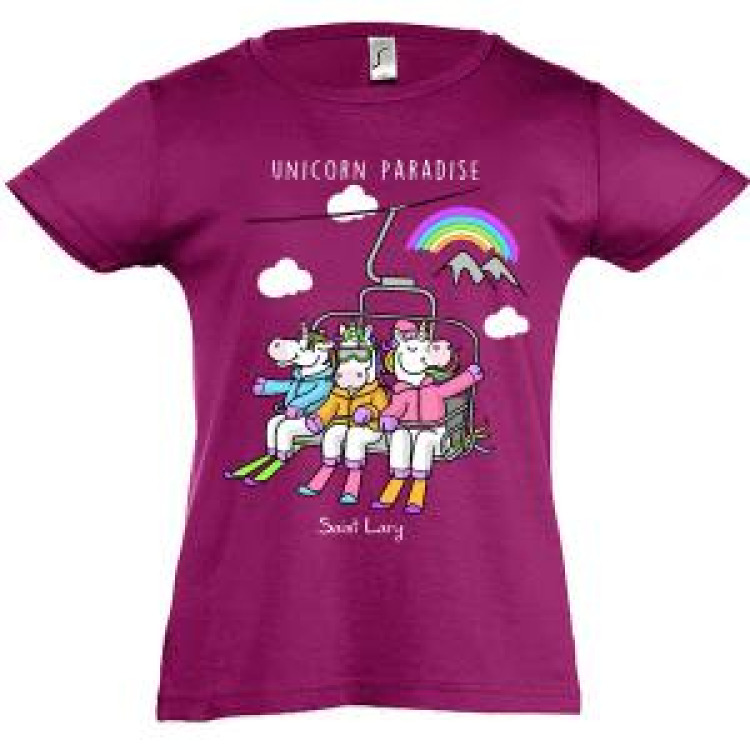 T-shirt enfant Trois Licornes Télésiège + transfert Paillette Saint Lary Fuschia 12 ans