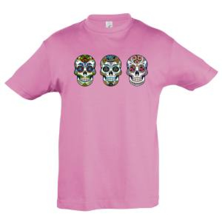 Tshirt enfant Trois Têtes de Morts Stylisees Rose Orchidée 4 ans