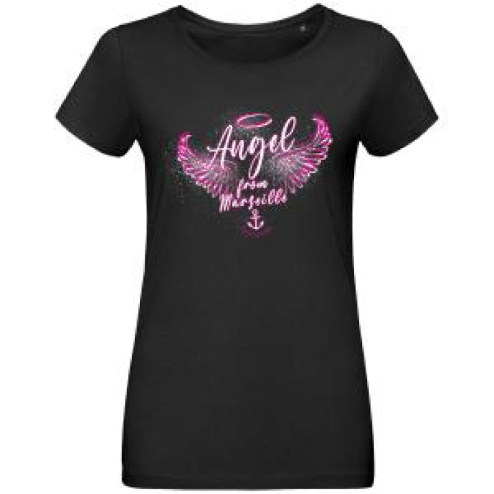 Tshirt femme Angel From Marseille En Rose sur le Tshirt Noir Noir Profond M