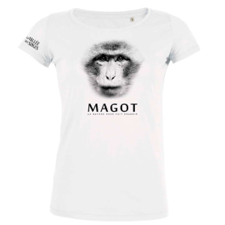 Tshirt femme bio ajusté Magot  transfert manche droite Valle des Singes White S